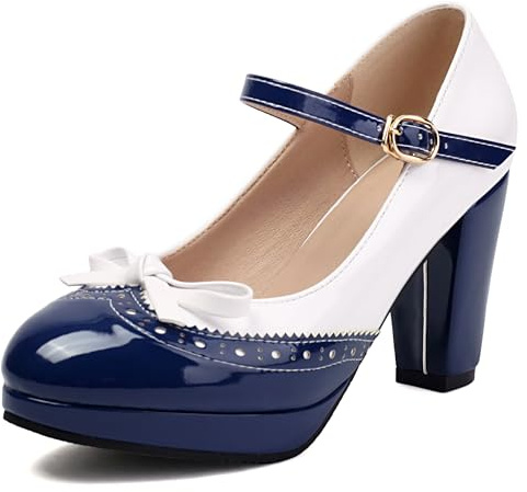 Bviennic Mujer Mary Jane Tacón Ancho con Plataforma Linda Punta Rojoonda Hebilla Zapatos Brogue 1148 Azul Talla 42 Eu/44Cn