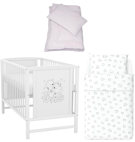 Generisch Baby-Delux Babybett 60x120 cm Mia Kinderbett Komplett Set weiß Matratze Bettwäsche (Herzen weiß grau)