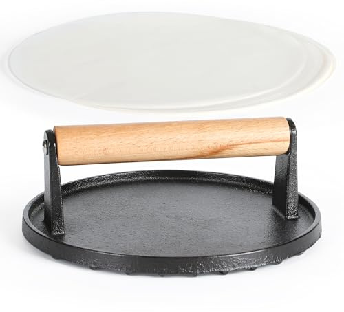 STYDDI 7 Round Heavy-Duty Cast Iron Burger Press with Wooden Handle, Gill Press for Smash Steaks, Bacons and Paninis, Ideal for BBQ, Pan and Flat-top Griddle, incl. 50pcs Patty Papers