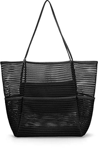 SSIMIDAPT Bolsa de Playa Mujer de Malla, Bolsa de Playa de Malla Grande Plegable, Multibolsillos, Adecuado para Familias, Playas, Viajes, Picnics, Compras y Desplazamientos (Negro)