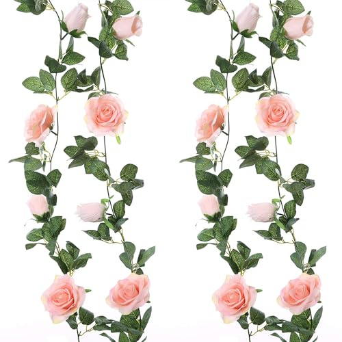 Felice Arts 2 Pack Pink Artificial Flower Garland, Each 6.5FT Fake Rose Vines, Hanging Floral Rose Garland for Wedding Baby Shower Swing Table Home Party Decor