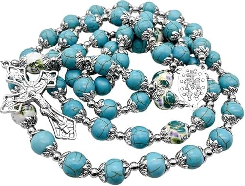 Nazareth Store Perline di marmo turchese cattolico Rosario Fiori Collana di perline Medaglia miracolosa Croce Crocifisso Rosari tono argento in sacchetto di velluto