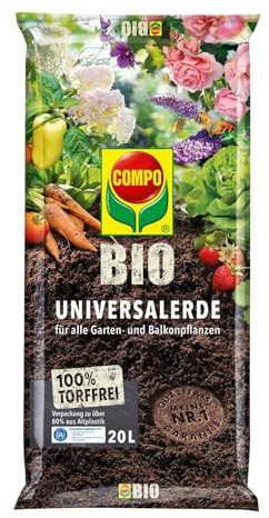 COMPO BIO Universal-Erde für Zimmerpflanzen, Gemüse, Obst und Kräuter, Torffrei, Kultursubstrat, 20 Liter, Braun