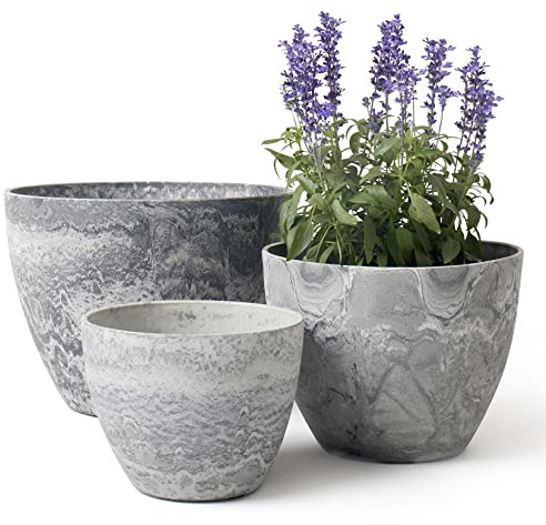 LA JOLIE MUSE 14.2/11.3/8.6 Inch Round Planter,Indoor/Outdoor Large Planters Set of 3,Grey Plant Container with Drain Holes,Tree Flower Plant Pots for Patio and Deck