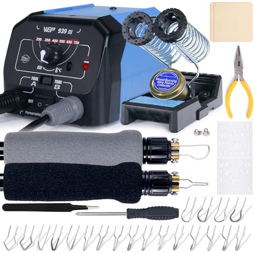 WEP 939-III Dual Pen Wood Burning Kit 34-in-1 with 20 Woodburning Tips Soft-Grip Pyrography Pen with 2 Stencils, 2 Unfinished Wood, 1 Pen Holder Professional Wood Burner Tool