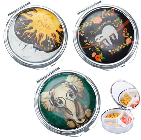 Ohaoduo 3 Stück Pillendose aus Metall, Runde Medikamentendose, Mini Pillenetui Reise-kleine Pillenspender für Geldbörse 3 Fächer Pillendose mit Spiege Kleine Tablettendose für Unterwegs