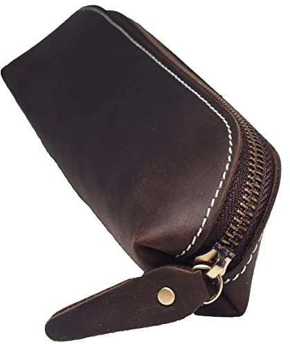 BAWAKO Federmäppchen aus hochwertigem Leder, kompaktes schönes Stift Etui handgemacht mit Reißverschluss für Shüler Student,Kosmetiktasche,Schminktasche (Dunkelbraun, L22)