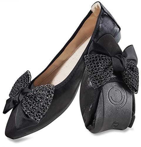 MACHSWON Zapatos planos de ballet para mujer, brillantes, cómodos, informales, puntiagudos, con lazo, sin cordones, para boda, bailarina, zapatos planos elegantes para mujer, Negro02, 38.5 EU