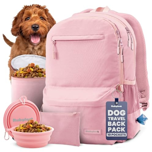 Dog Travel Bag for Supplies - Complete Dog Diaper Bag Backpack with 2 BPA-Free Travel Bowls, Treat Pouch, Food Container, Placemat & Laptop Sleeve – for Traveling, Road Trips, Hiking: Dusty Pink