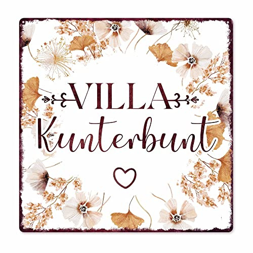 Interluxe Schild Metallschild 20x20cm - Villa Kunterbunt - Herbstdeko Dekoschild Türschild Familie Zuhause