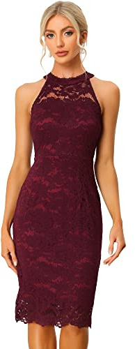 Allegra K Halter Formal Dress for Women's Sleeveless Bodycon Wedding Guest Cocktail Lace Sheath Dress Medium Burgundy