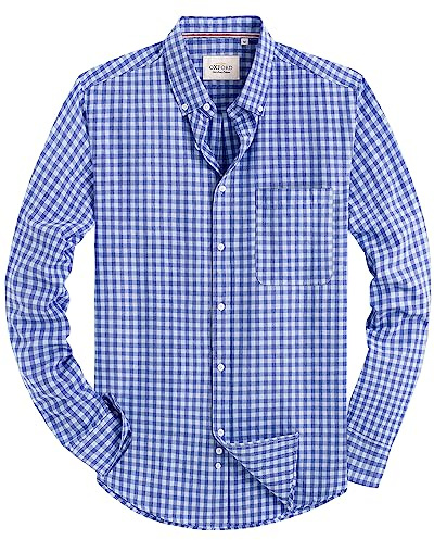 Alimens & Gentle Mens Solid Oxford Shirt Long Sleeve Dress Shirt Work Casual Button Down Shirts with Pocket,Plaid-Light Blue,Large