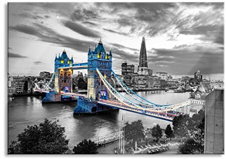 Pixxprint Glasbild, Wandbild aus Echtglas, Beleuchtete Tower Bridge am Abend B&W Detail, 100x70 cm, inkl. Aufhängung und Abstandshalter