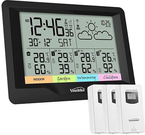 Youshiko (Official 2026 UK Version), 3 x Wireless Sensors Weather Station, Radio Controlled Clock Temperature Thermometer Humidity, Barometric Pressure (Extra Large/Console Size: 20 .5 x 13 cm)