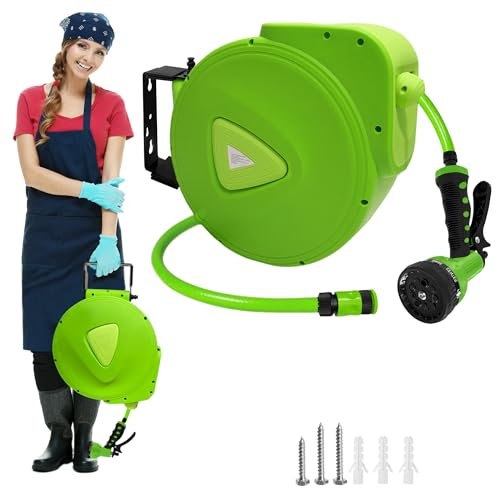 LARS360 Carrete de manguera con alcachofa de mano, soporte de pared para manguera de jardín, se puede girar 180°, para riego de jardín, lavado de garaje, riego agrícola, 20 m, color verde