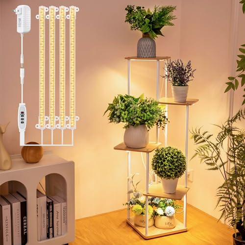 Dreyoo 5 Tier Sturdy Metal Plant Stand With Grow Light - Indoor Multiple Holder Tall Ladder for Display, Flowers, Corner Living Room, Office (White, Wood Color)