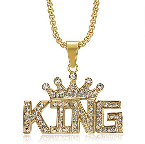 NEGS 18K Gold plated King with Crown Pendant Punk Rock Stainless Steel Necklace For Men Women, 24 Inch Chain Hip Hop Jewelry Gift