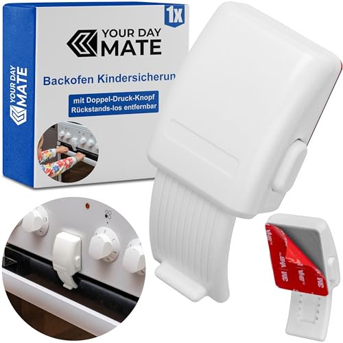 Herdtür Kindersicherung, 1 Stück, in Weiß, Backofensicherung mit Hitze-resistentem Kleber, Doppel-Druck-Knopf, Rückstands-los entfernbar, Backofentür Sperre zum Kleben, Herd Ofentür Babysicherung