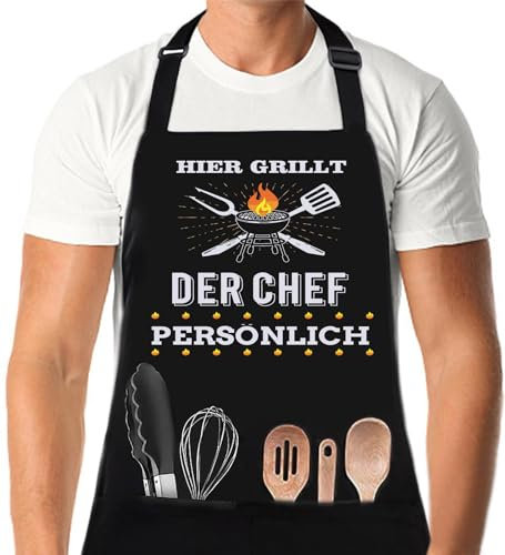 XCSJKJ Grillschürze für Männer Kochschürze Herren Schürze lustig, Grill schürze für Männer küchenschürze Herren personalisiert Grill Schürze mit 2 Taschen Grill Schürze (04-HIER GRILLT DER CHEF)