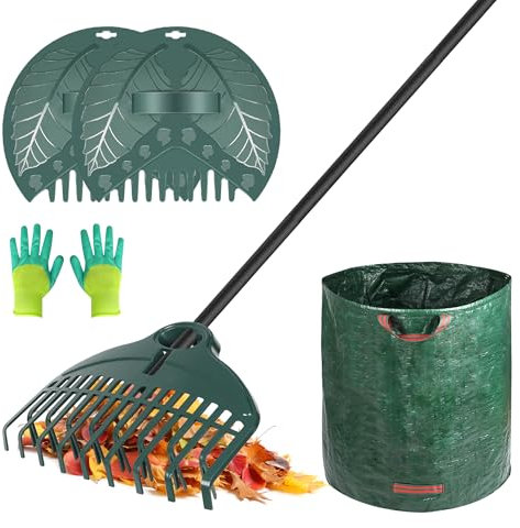 ORIENTOOLS Set di rastrelli da giardino, con rastrello leggero a doppio dente da 160 cm, paletta per foglie, guanti e borsa da giardino, per la cura del prato e la pulizia delle foglie