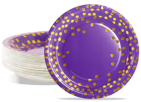 AIPartywar Assiette Jetable Anniversaire 50pcs 23cm Assiettes en Carton Jetables Assiettes Party Vaisselle Jetable pour Baptême, Anniversaire, Mariage, Camping-Or Violet