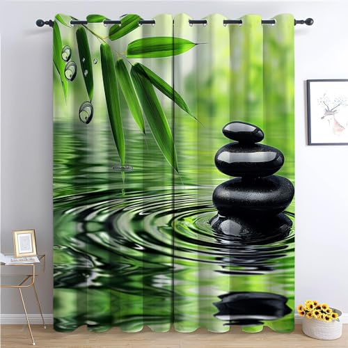 Kinder Vorhänge Schwarzer Stein, grüne Pflanzen Ösen Gardinen mit Blickdichte Thermo Vorhang Kälteschutz Blackout Curtain Kinderzimmer Schlafzimmer Ösenvorhang Ruhige Naturlandschaft H 160 x B 70 cm