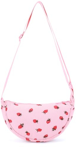 HiTotes Borsa a tracolla in velluto a coste per donne con fragole a mezza luna, Rosa S 32 cm, 32cm