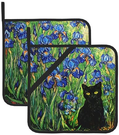 Confezione da 2 presine a forma di gatto iris, resistenti al calore, con passanti per appenderli, set di presine per cucina, cuoco, barbecue, quadrato, 20 x 20 cm