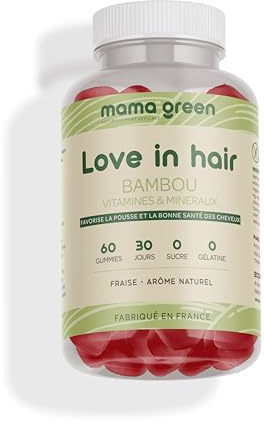 Mama Green - Gummies Love in hair - Favorise la pousse des cheveux - Force et brillance - 60 gummies - Sans sucres – Sans colorants et arômes artificiels - Fabriqué en France