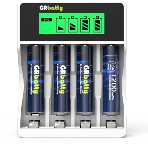 GRbatty 4 x Pile Ricaricabili AAA Litio, 1.5V 1200mWh, LCD Caricatore | Alta capacità, 1500 cicli, confezione da 4, per telecomandi, orologi da parete, termometri igrometri, stazioni meteo, torce