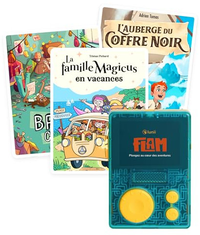 Lunii - Un Pack avec FLAM Le baladeur interactif pour Les Enfants de 7 à 12 Ans et Son Livre Audio à Choisir + 3 Livres Audio interactifs supplémentaires pour 12h d'avantures Audio.