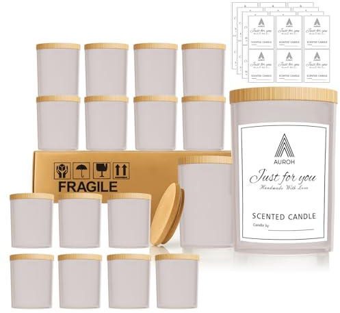 Auroh 15 Glass Candle Jars 7oz with Bamboo Lids - Frosted Containers | Reusable glass containers with airtight bamboo lids. For soy wax candles, wax melts, spice or storage. Dishwasher safe.