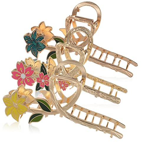 minkissy 3Pcs Large Metal Hair Claw Clips Flower Decor Jaw Clamps for Women Girls Smooth Surface Alloy Barrettes for Fine or Short Hair