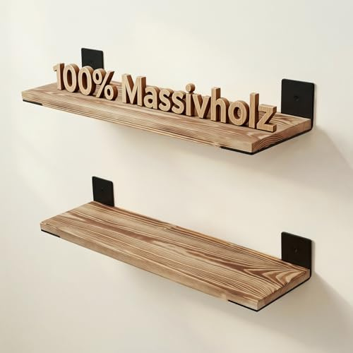 Aimato Wandregal 60cm 2er Set, Massivholz Schweberegal,Räuchereiche&Schwarz | Regal Wand mit Stahlwinkel, 15kg Tragkraft Wandregal Holz für Wohnzimmer/Schlafzimmer/Büro