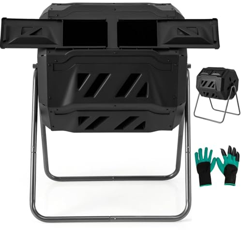 BOOZXCV Compostiera a Tamburo da Giardino, bidone per Compost Rotante a 360° a Doppia Camera da 160 l/164 Litri con 2 Porte scorrevoli, bidone per rifiuti aeratori per Esterni Senza (Black)