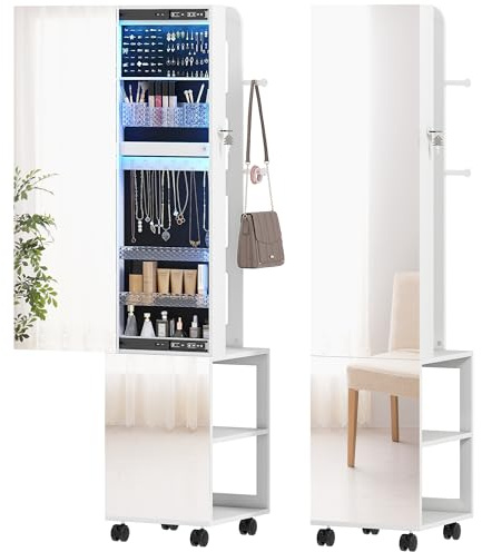 HOMCOM Armoire à bijoux armoire avec miroir sur pied pivotante à 360° organisateur de bijoux verrouillable avec éclairage LED, rangement pour chambre et dressing, cadre blanc, doublure noire