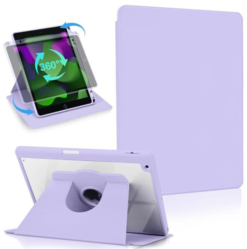 Koze Coque Rotative​​ pour iPad 10,2 Pouces 9ème 8ème 7ème Génération 2021/2020/2019 avec Porte-Crayon, Étui Housse Protection Rotation à 360 Degrés Support, Dos Transparenten Acrylique,Violet Lilas