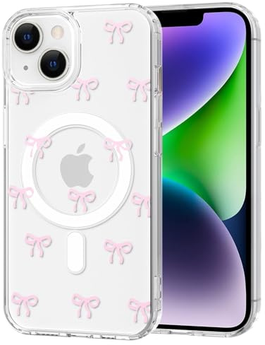 TVVTPU Magnetisch Hülle für iPhone 14 Kompatibel mit MagSafe, Aesthetic Schleifen Muster Handyhülle Nie Vergilbung Dünne Transparent Hard PC Rückseite Stoßfester Kratzfest Schutzhülle Case, Rosa