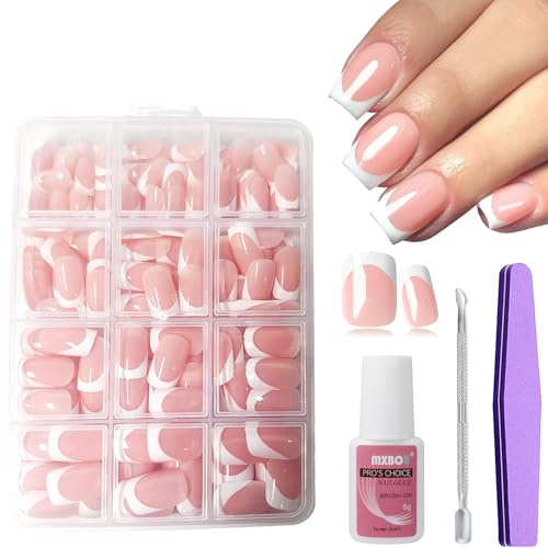 French False Nails - 240Pcs Square Press On Nails Short - Full Cover Fake Nails White Tip French Tip - Full Cover Stick on Nail Flase Nail Art Manicure Decorations at Home