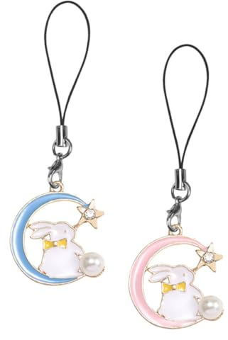 GRIRIW 2 Stück Süßer Handyanhänger Schlüsselanhänger Alloy Mit Mond Stern Kaninchen Charm in Pink Blau Telefon Zubehör Lanyard Für Handy Und Tasche
