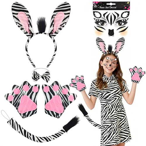 Zebra Kostüm,Faschingskostüme Damen,5 Stück Zebra Kostüm Damen Kinder mit Zebra Haarreif Schwanz Fliege Tattoo Gesicht und Handschuhe für Halloween Dschungel Kostüm Karneval Party Animals Cosplay