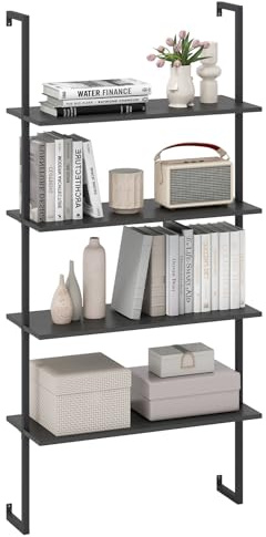 Multigot 4-Tier Ladder Shelf, Wall-Mounted Industrial Bookcase Display Shelving Unit, Wall Plant Shelf Floating Leaning Rack for Living Room Bedroom Kitchen (Black)