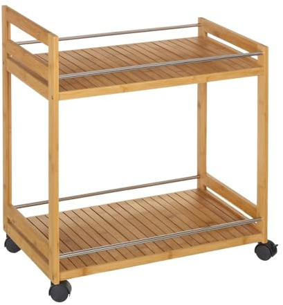 Carrito camarera de cocina de bambú natural con 2 estantes de 55x32x62 cm | Ruedas con freno y barras anticaída integradas. Transporta platos de forma segura, sirve comidas y organiza todo tu menaje