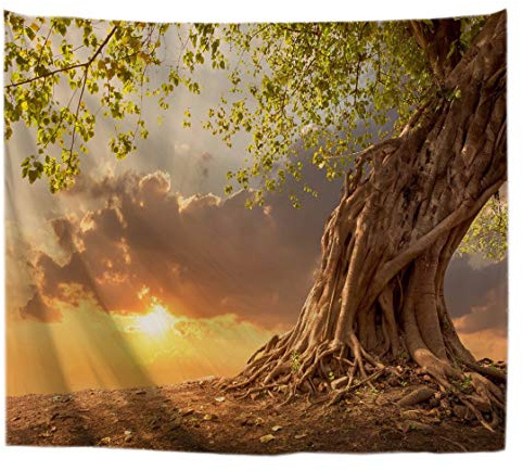A.Monamour Wanddekor Wandteppiche Großer Alter Baum Bei Sonnenuntergang Zeit Fantasie Natur Landschaft Fotografie Bild Druck Tuch Stoff Wandbehang Tapisserie Wandkunst Dekore Tischdecke 203x153cm