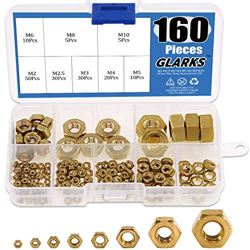 Glarks - Set di dadi esagonali in ottone ad alta resistenza, M2, M2,5, M3, M4, M5, M6, M8, M10, confezione da 160 pezzi