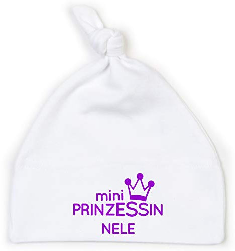 minimutz kleine Baby-Mütze mit Namen personalisiert | Motiv Prinzessin & Krone | für Neugeborene Mädchen zur Geburt und Taufe (weiß)
