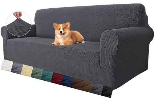 MAXIJIN Super Stretch Couch Cover for 3 Cushion Couch, 1-Piece Universal Sofa Covers Living Room Jacquard Spandex Furniture Protector Dogs Pet Friendly Fitted (Large, Gray)
