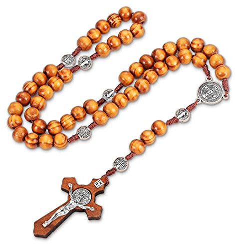 HICARER Oliven Holz Rosenkranz Halskette Katholische Rosenkranz Kreuz Holzperlen Handgemachte Rosenkranz Holzkette Kreuz Oliven Holz Perlen Halskette mit Flanell Tasche für Männer und Frauen