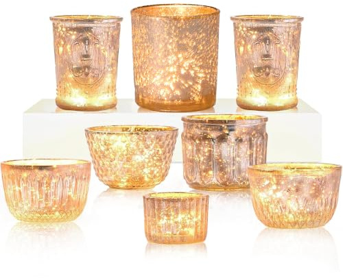 DN DECONATION Teelichthalter Gold, 8er-Set Kerzenhalter Glas für den Tisch | Votivkerzenhalter aus Quecksilberglas für den Tischaufsatz bei Hochzeiten, Partys, Herbst