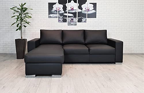 Quattro Meble Schwarzes Echtleder Ecksofa Mallorca 245 x 170 cm Sofa Couch mit Bettfunktion und Bettkasten Echt Leder Eckcouch Leder Sofa Ledercouch (Ecke Links 164 x 245 cm)